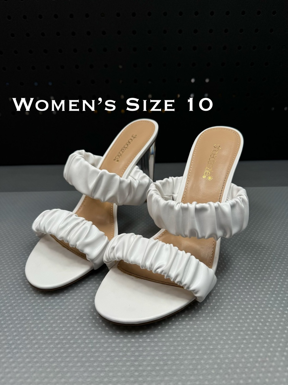 White Ruched Strap Women's Mid-Heel Sandals